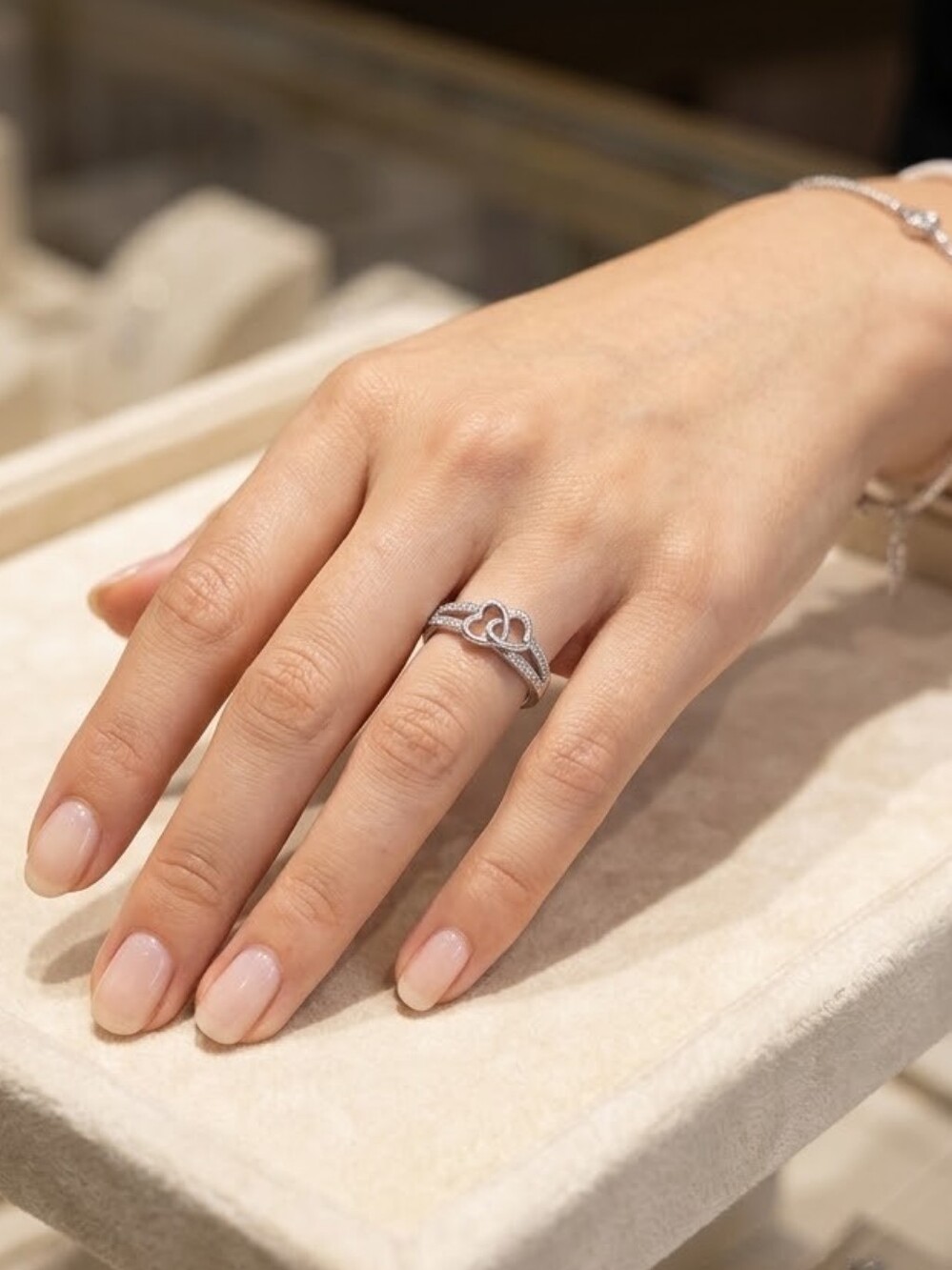 Sterling Silver Double Heart Pavé Ring - Silver